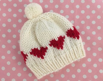 Valentine Baby Hat Fair Isle Knit Baby Hat Red Hearts on Vintage White Valentine's Day