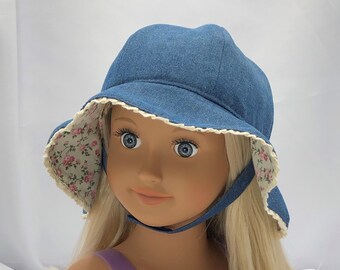 Denim 'n' Rosebuds Sun Bonnet: Fully Lined, Adjustable Chin Strap
