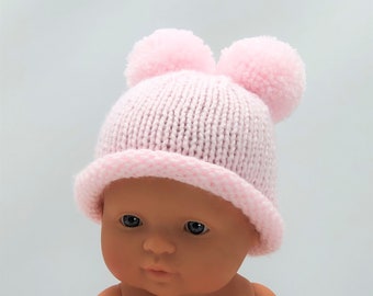 Double Pompom Infant Newborn Baby Hat 7+ COLORS Soft Fine Gauge Yarn