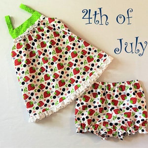 Ruffle Trimmed Baby Dress Strawberries-Blueberries Baby Dress with Diaper Cover Size 9-18 months Strawberry Baby Dress Picnic Dress Parties