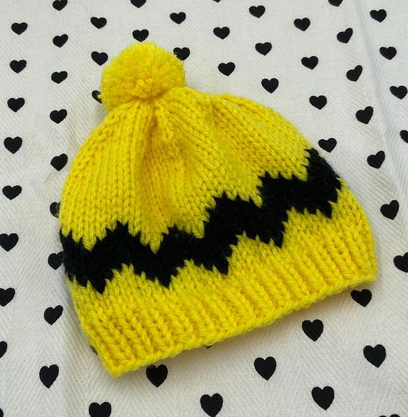 Charlie Brown Baby Beanie: Yellow Black Chevron Knit Hat image 5