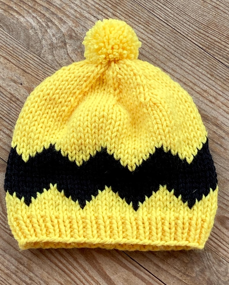 Charlie Brown Baby Beanie: Yellow Black Chevron Knit Hat image 2