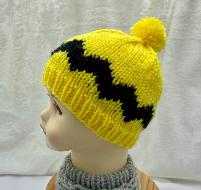 Charlie Brown Baby Beanie: Yellow Black Chevron Knit Hat image 3