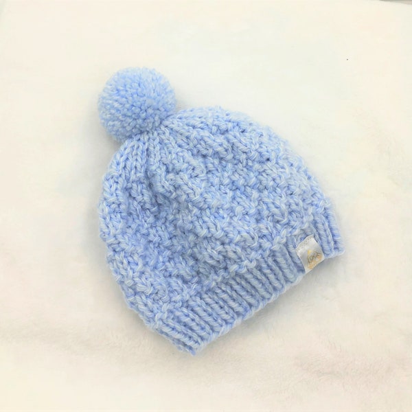 Baby Boy Hat Beanie Baby Blue Pastel Blue Textured Knit Spring Fall Winter Pompom