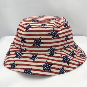 Summer Cotton Americana Bucket Hat with Brim Sun Hat American Flag Red White Blue Lock Cord Chin Tie Baby Boy Baby Girl Sun Protection