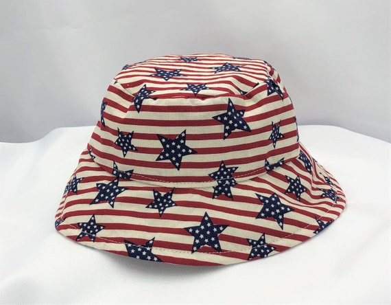 Summer Cotton Americana Bucket Hat With Brim Sun Hat American Flag Red  White Blue Lock Cord Chin Tie Baby Boy Baby Girl Sun Protection -   Canada