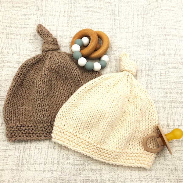 Lightweight Summer Cotton Top Knot Knit Baby Hat 100% Cotton Breathable Neutral Colors Natural Fiber