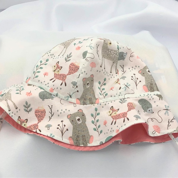 Baby Animals Sunhat with Brim Neutrals Peach Lining Girl Sun Hat Adjustable Chin Tie Baby Sun Protection