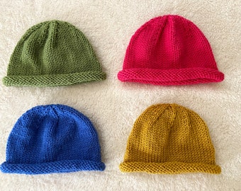 Hand Knit Roll Brim Hat: Newborn to Adult Winter Beanie