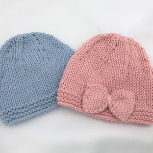 Hand-Knit Cotton Baby Hat: Muted Pink or Blue, Newborn Gift