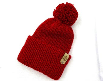 Berretto da neonato in maglia rosso scuro con pompon - Berretto unisex per bambini