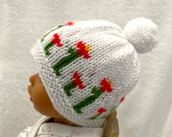 Cactus Flower on White Warm Knit Hat Children's Hat Pompom Red Green Yellow Fair Isle Knit