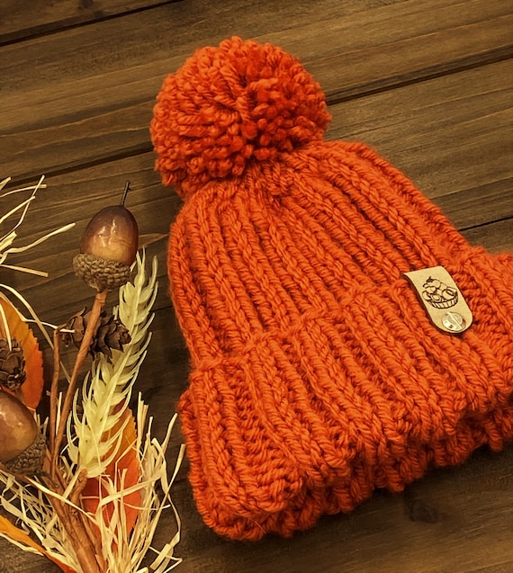 Chunky Knit Pom Pom Hat: Rust Orange Winter Beanie - Etsy display picture 2