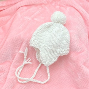 White Chunky Knit Baby Earflap Hat with Ties