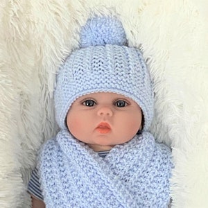 Pink or Blue Textured Hat and Scarf Set Two Sizes Newborn and 4-8 month