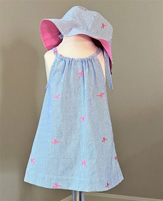 Baby Girl Flamingo Beach Dress Matching Sun Hat Blue Stripe Size 9