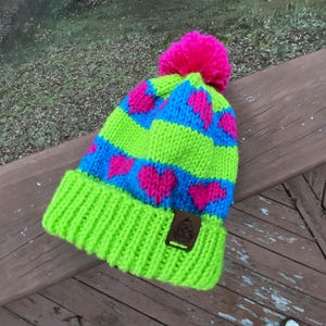 Bright Colorful Heart Beanie with Warm Cuff and Large Pompom Fair Isle Beanie