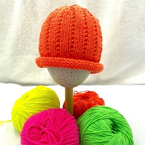 Hand Knit Neon Beanie: Unisex Roll Brim Hat