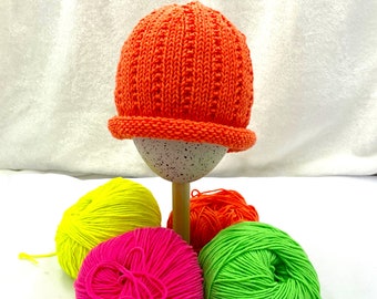 Hand Knit Neon Beanie: Unisex Roll Brim Hat