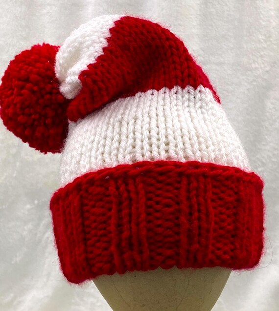 Red and White Striped Knitted Winter Hat e4Hats.com Striped Pom Pom Cuff Long Beanie - Red White OSFM  main image 2