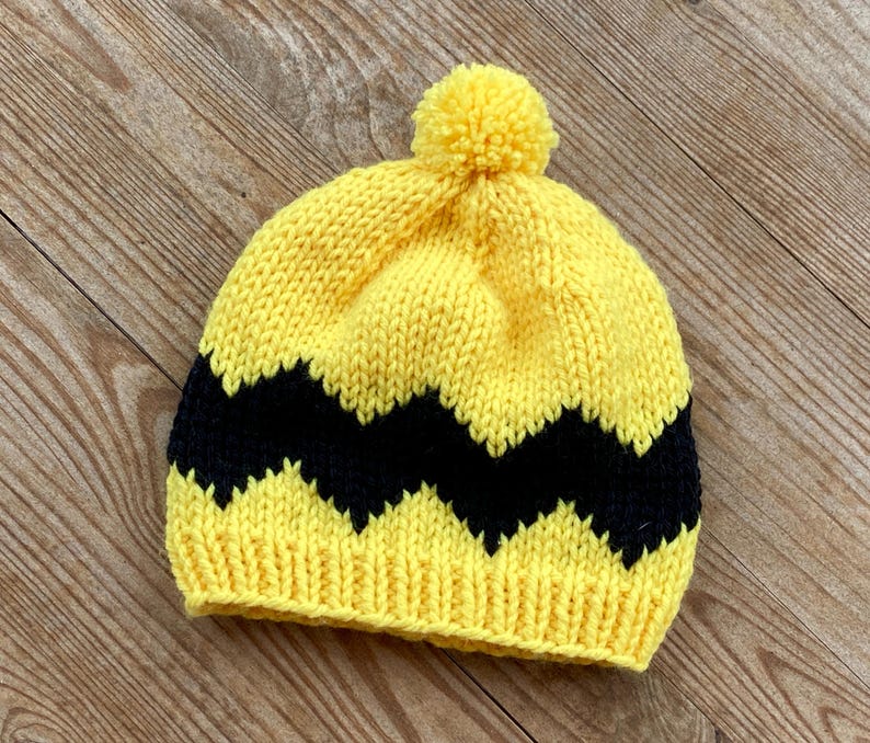 Charlie Brown Baby Beanie: Yellow Black Chevron Knit Hat image 1