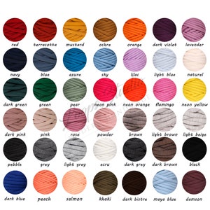 May include: A chart of 36 different colors of yarn, each color is represented by a ball of yarn. The colors include red, terracotta, mustard, ochre, orange, dark violet, lavender, navy, blue, azure, sky, lilac, light blue, naturel, dark green, green, pear, neon pink, neon orange, flamingo, neon yellow, dark pink, pink, rose, powder, brown, light brown, light beige, pebble, grey, light grey, ecru, dark grey, dark brown, black, dark blue, peach, salmon, khaki, dark bistre, maya blue, and damson.
