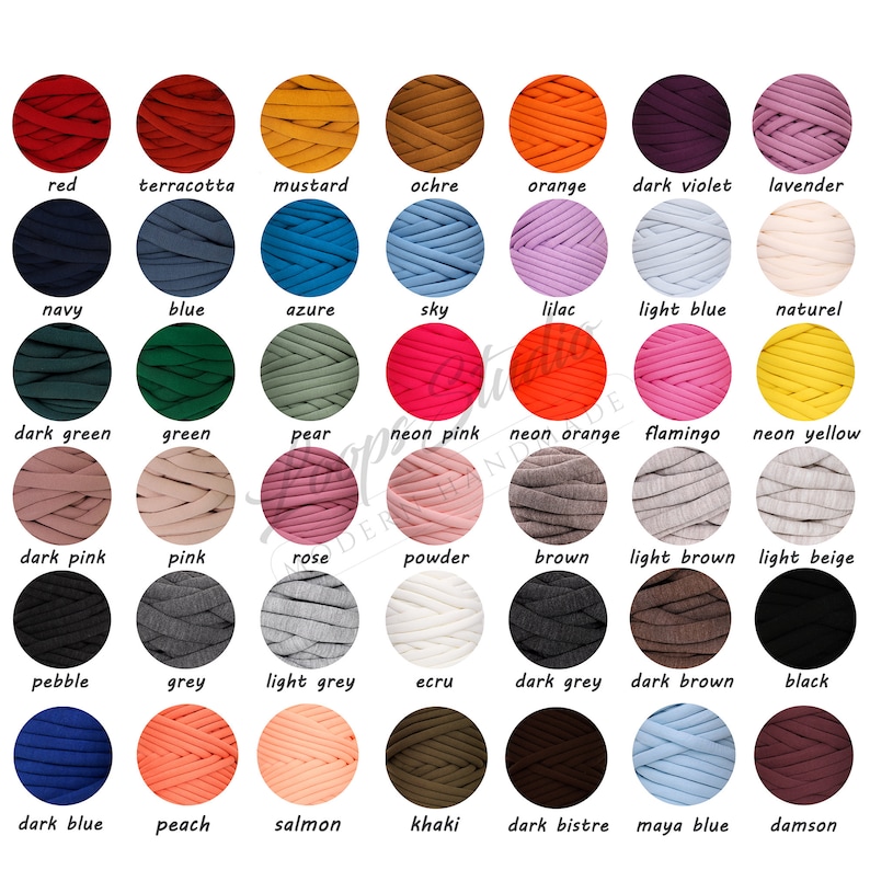 May include: A chart of 36 different colors of yarn, each color is represented by a ball of yarn. The colors include red, terracotta, mustard, ochre, orange, dark violet, lavender, navy, blue, azure, sky, lilac, light blue, naturel, dark green, green, pear, neon pink, neon orange, flamingo, neon yellow, dark pink, pink, rose, powder, brown, light brown, light beige, pebble, grey, light grey, ecru, dark grey, dark brown, black, dark blue, peach, salmon, khaki, dark bistre, maya blue, and damson.