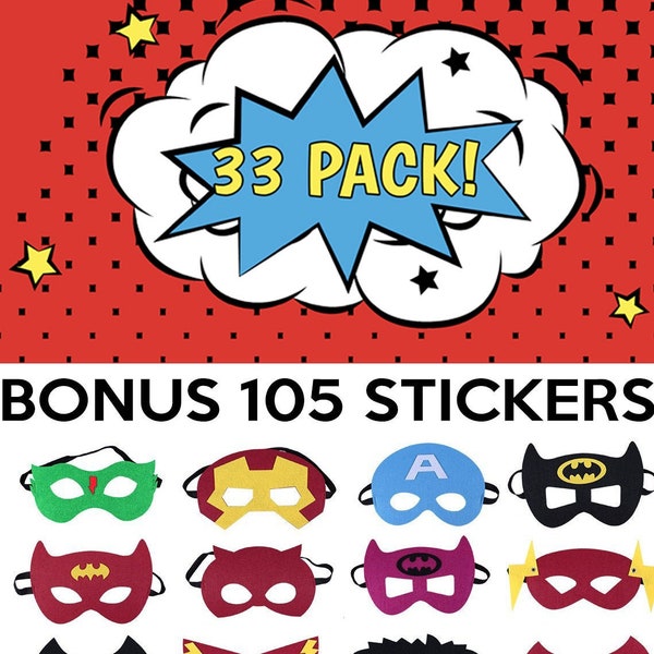 Superhero Masks 33 Pack, FREE BONUS 100+ Stickers, Eye Masks, Superhero Birthday Supplies, Party Favors, Fancy Dress up