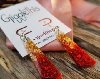 Pyro Resin Earrings - Red and Gold - Resin Jewelry - Fire Themed - Stainless Steel - Sterling Silver - Handmade - Dangle Earrings - Elements
