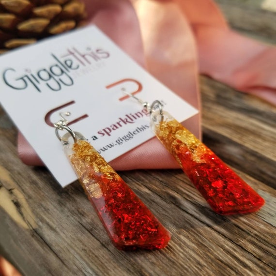Pyro Resin Earrings Red and Gold Resin Jewelry Fire Themed