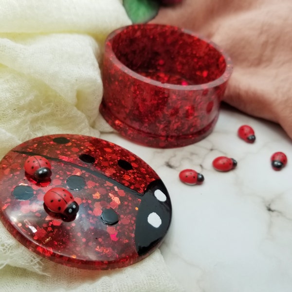 Ladybug Jewelry Box - Resin Gifts - Red Glitter - Round Box - Hand Painted Box - Red Ladybug - Red Storage Box - Trinket Box - Red and Black