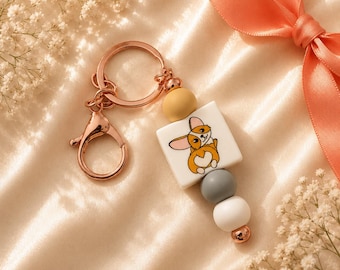 Handmade Corgi Keychain: Silicone Beaded Rose Gold Keyring