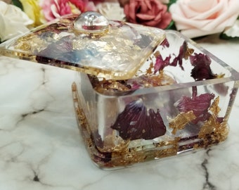 Lavishly Violet Jewelry Box - Resin Trinket Box - Gold Foil - Dried Flowers - Storage Box - Home Decor - Handmade Gifts - Jewelry Box