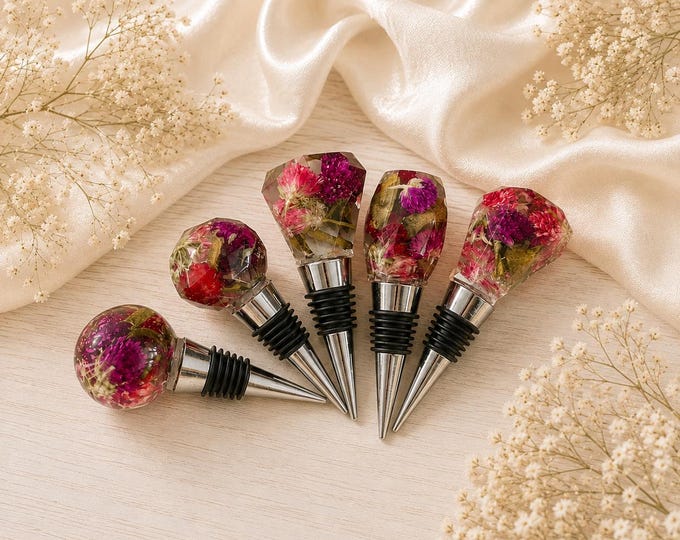 Handmade Floral Resin Wine Stopper: Pink Flower Kitchen Decor, Customizable Gift Option