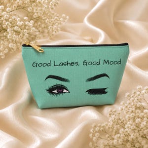 Blaugrüne Make-up-Tasche, gute Wimpern, gute Laune, Reisetasche