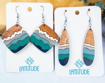 Hand-Painted Ocean Wave Earrings: Maple Wood Coastal Jewelry