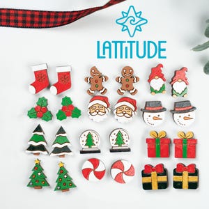 May include: A collection of Christmas-themed wooden ornaments, including stockings, gingerbread men, gnomes, Santa faces, snowmen, Christmas trees, snow globes, candy canes, and wrapped gifts. The word "LATITUDE" is displayed in teal.