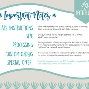 May include: A teal and white graphic with the text "Important Notes" and "LATTITUDE". The text provides care instructions, size details, processing information, custom order details, and special offers for earrings.