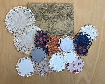 15 Vintage, forest theme doilies - Different sizes, coffee stained, dies cuts, junk journal, journal supplies