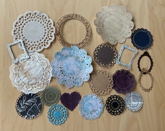 20 Vintage Junk Journal Pieces, handmade doilies - frames, coffee stained, dies cuts, junk journal supplies, fabric doily