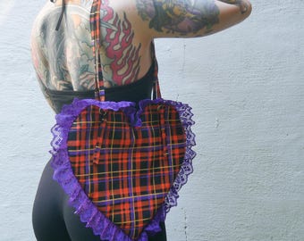 Purple and Orange Plaid Heart Bag with Purple Lace Ruffle