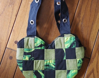 Green and Black Patchwork Quilted Heart Tote Bag