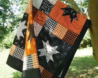 Handmade Halloween Orange and Black Star Block Quilt