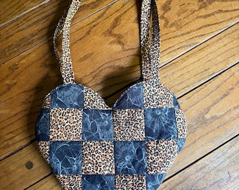 Leopard and Spiderweb Quilted Heart Tote Bag