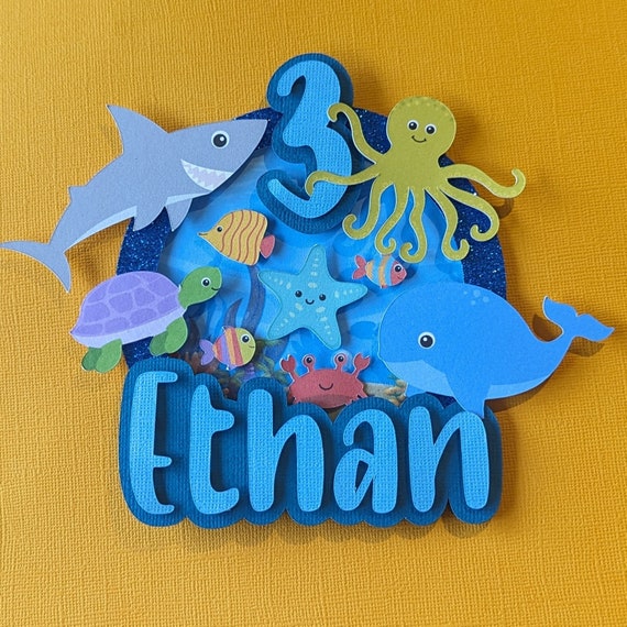 Personalised ocean under the sea creatures whale shark octopus fish birthday cake topper boys girls party cake decoration made to order