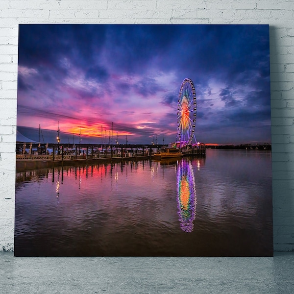 Ferris Wheel at Sunset Print, Night Harbor Landscape Photography, Vibrant Metal Wall Decor, Red Purple Reflection Giclee Poster, DC Gift