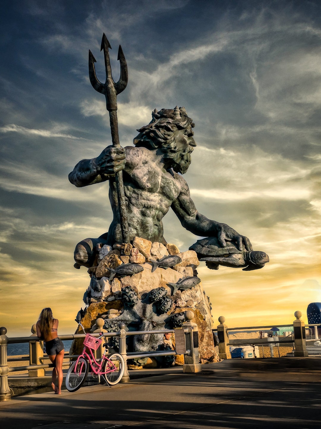 King Neptune Statue With Model, Sunrise at Virginia Beach, Fine Art