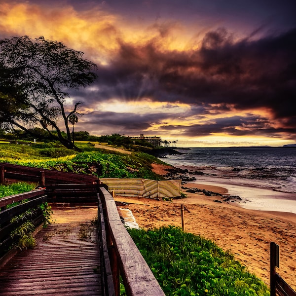 Hawaiian Beach Sunset Photograph, Kauai Island Landscape, Fine Art Print, Sunset Metal Wall Decor, Stormy Beach Giclee Poster, Vacation Gift