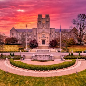 Sunset at Burruss Hall, Virginia Tech Hokies, Blacksburg Campus Landscape Photography, Fine Art Print Gift for VT Students, Alumni and Fans