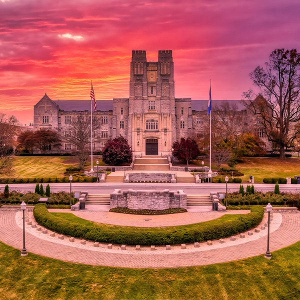 Sunset at Burruss Hall, Virginia Tech Landmark, Campus Landscape Photography, Fine Art Print Gift for VT Students, Alumni and Fans